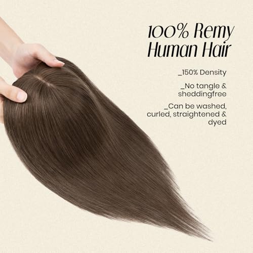 MY-LADY Human Hair Toppers for Women Real Human Hair with Bangs Thin 7 * 13CM Silk Base with Lace Clip in Remy Hairpieces 150% Density 14 Inch Chocolate Brown
