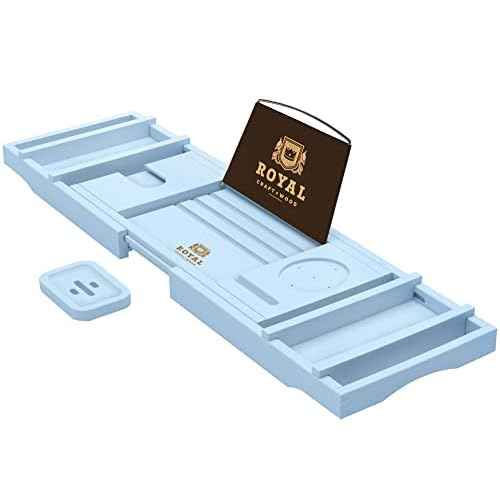 ROYAL CRAFT WOOD Luxury Bathtub Caddy Tray, One or Two Person Bath and Bed Tray, Bonus Free Soap Holder (Blue)
