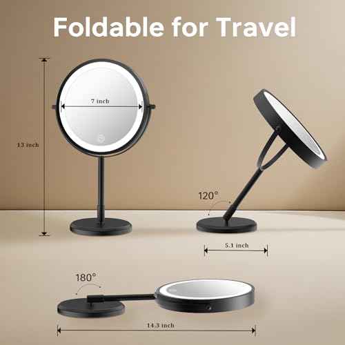 Folding Travel Makeup Mirror with Lights and Magnification,7¡± Double Sided 1X/10X Lighted Magnifying Mirror with Rechargeable Battery,Brightness Adjustable,3 Color Lighting, Black