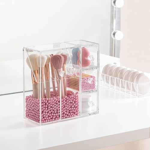 HBlife Makeup Brush Holder, Acrylic Makeup Organizer with 2 Brush Holders and 3 Drawers Dustproof Box, Free Pink Pearl Included