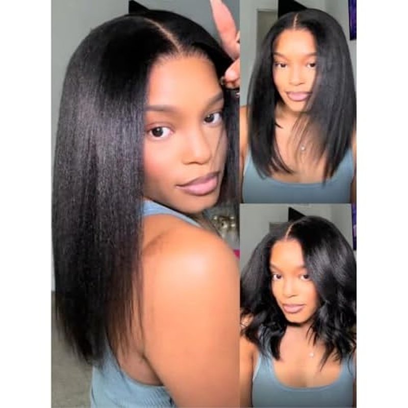 YIROO Yaki Straight Bob Human Hair Drawstring Wigs Pre Cut 7x5 HD Lace Front Wig Bye Bye Knots Glueless Yaki Short Bob Human Hair Wigs Pre Plucked Invisible Knots 150% Density Ready to Go 10Inch