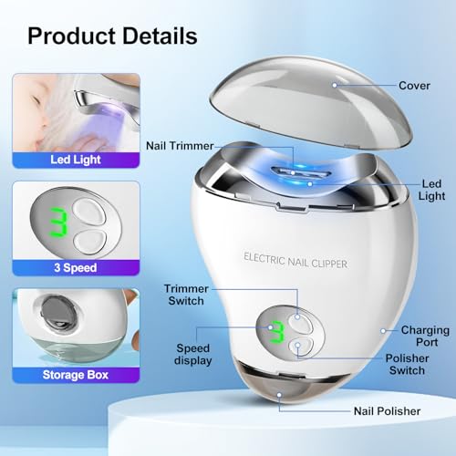 Electric Nail Clipper with LED Light & 3 Speeds, Fingernail Cutter and Polisher 2 in 1 Design, Nail Scraps Storage Rechargeable Safety Fingernail Trimmer for Baby Seniors and Adult