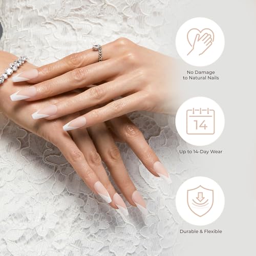 KISS Classy, Press On Nails, Nail glue included, 'Dashing', Light White, Medium Size, Almond Shape, Includes 28 Nails, 2g glue, 1 Manicure Stick, 1 Mini File