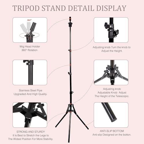 22'' Canvas Wig Head with 61'' Adjustable Tripod Stand, Mannequin Head Set for Styling, Display ? Includes Caps, Elastic Bands, Stand & Tool Kit for Beginners and Professionals