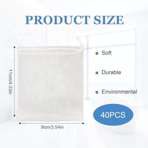 40 PCS Soap Saver Bag, Exfoliating Mesh Soap Saver Pouch Bags, Bubble Mesh Net Bags with Drawstring, Easy to Store, for Shower, Face Cleansing, White