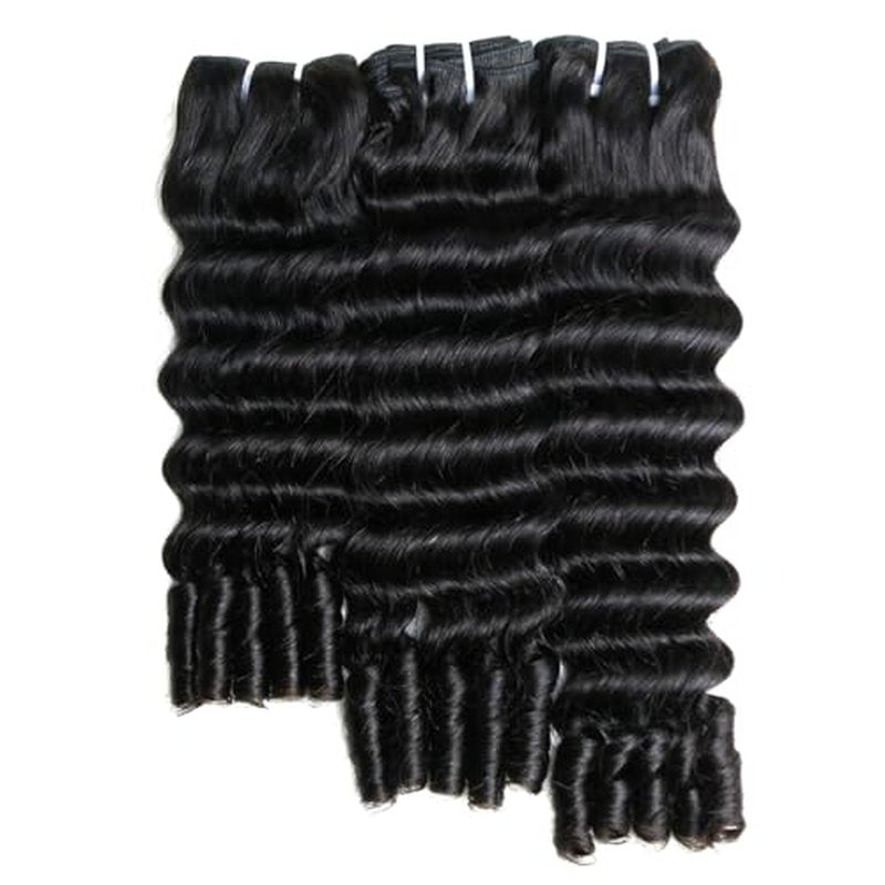 SWEETGIRL Deep Wave Human Hair Bundles Burmese Curly Bundles Human Hair Quick Weave with Spiral End Sew in Hair Extensions, Real Virgin Remy Hair, 16 18 20 Inches, Natural Color
