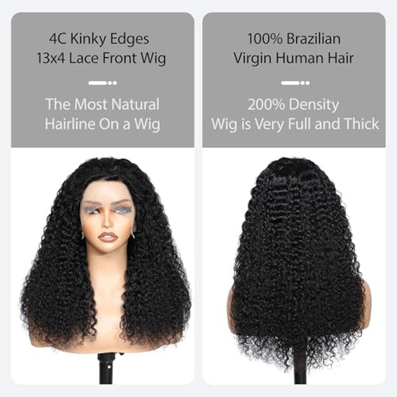 4C Edges Kinky Curly Lace Front Wigs Human Hair 200% Density Deep Wave Curly Wig Pre-Plucked Hairline 13x4 HD Transparent Lace Frontal Wigs With Curly Edges Baby Hair£¨16 Inch Natural Black£©