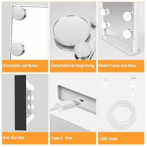 Vanity Mirror with Lights, Hollywood Lighted Makeup Mirror with 3 Color Lighting Modes and 9 Dimmable Bulbs, Detachable 5X Magnification, Smart Touch Control, 360¡ÆRotation, White
