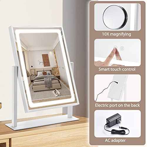 Vanity Mirror with Lights, Hollywood Makeup Mirror, Touch Control, 3 Color Lighting Modes, Dimmable, Detachable 10X Magnification Mirror, 360 Rotation (16in, White)