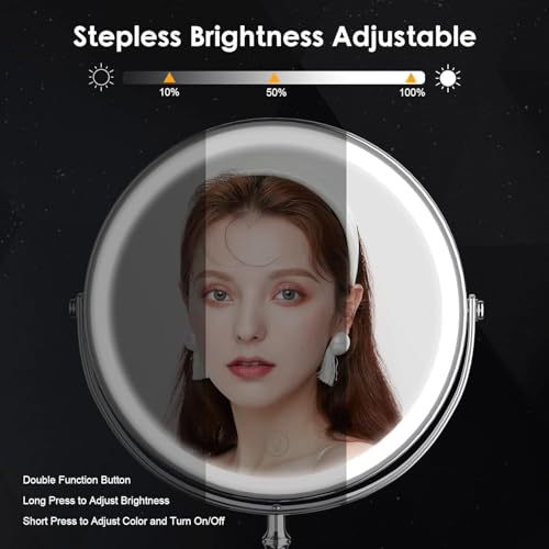 Lighted Makeup Mirror, 3000 mAh Rechargeable Double Sided Magnifying Vanity Mirror with 3 Colors, 1x/10x, 360¡Æ Rotation , Brightness Adjustable Magnification Cosmetic Light up Mirror, Women Gift