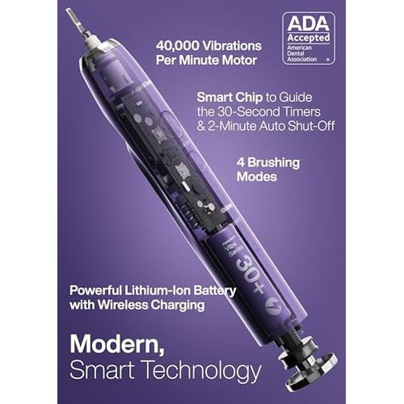 Aquasonic Vibe Series Ultra-Whitening Toothbrush ? ADA Accepted Electric Toothbrush - 8 Brush Heads & Travel Case ? 40,000 VPM Motor & Wireless Charging - 4 Modes w Smart Timer ? Satin Violet