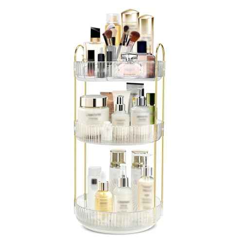 Rotating Makeup Organizer for Vanity, High-Capacity Skincare Perfume Storage, Bathroom Counter Organizer, 360 Spinning Cosmetic Dresser Countertop Organizers (White 3 Tier)