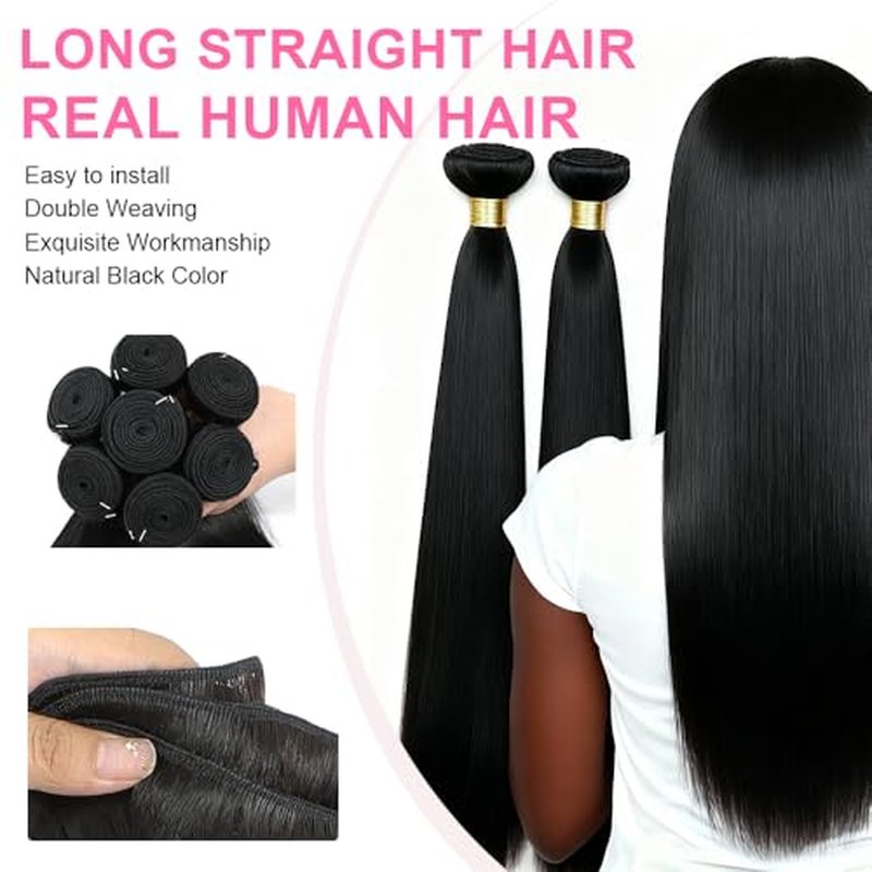 Straight Human Hair Bundles 12A Brazilian Human Hair 3 Bundles 100% Unprocessed Virgin Human Hair Extensions Natural Black Color 20 22 24Inch