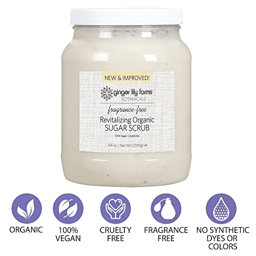 Ginger Lily Farms Botanicals Revitalizing Organic Sugar Scrub, All-Natural Skin Exfoliating Sugar Crystals, 100% Vegan & Cruelty-Free, Fragrance-Free, 64 oz.