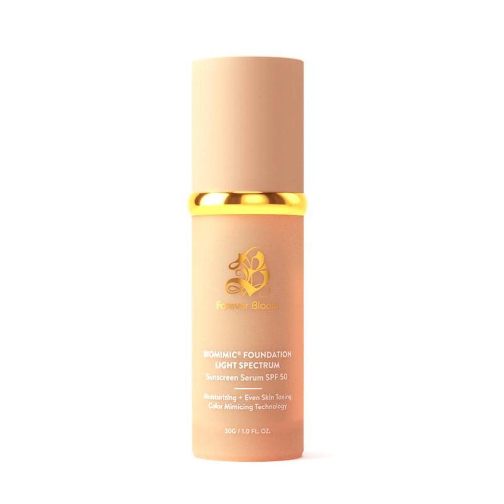 Forever Bloom Bio Mimic Foundation Light Spectrum SPF50 hydrates, conceals and evens tone with a lightweight, anti-aging finish for mature, sensitive skin—perfect for gym, sports or dance