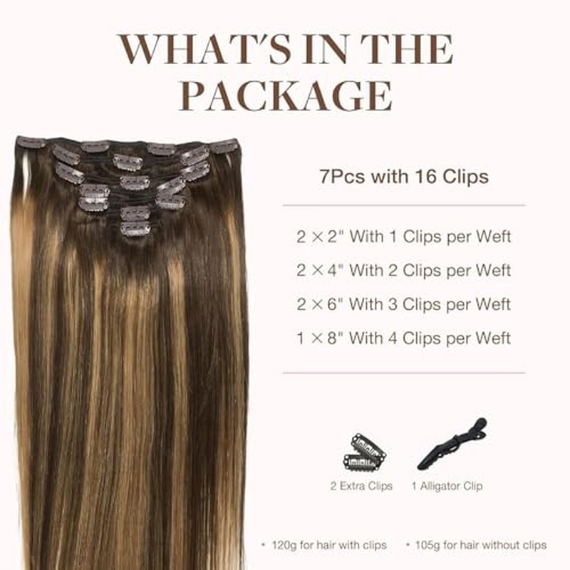 GOO GOO Clip in Hair Extensions Real Human Hair, Remy Human Hair Extensions Clip ins for Women, Natural Human Hair, 16inch 120g 7Pcs, 4/27/4 Balayage Chocolate Brown to Caramel Blonde