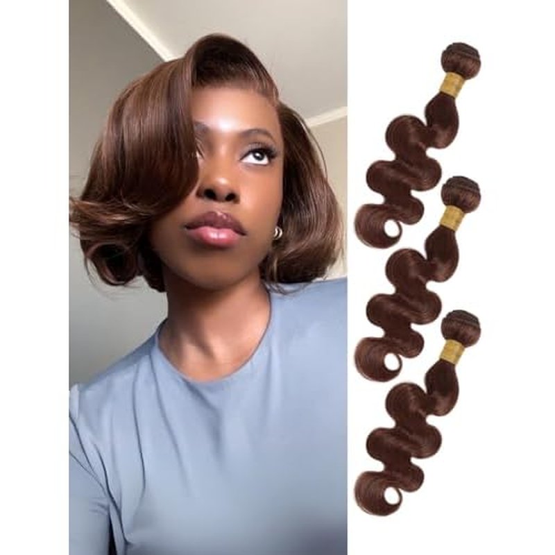 Chocolate Brown 3 Bundles Human Hair Body Wave, Soft Glossy 12A 100% Unprocessed Remy Virgin Hair Colored #4 Medium Dark Brown Bundle Wavy Classy Sew In Weaves Extension (3 Pcs, 12/14/16 IN)