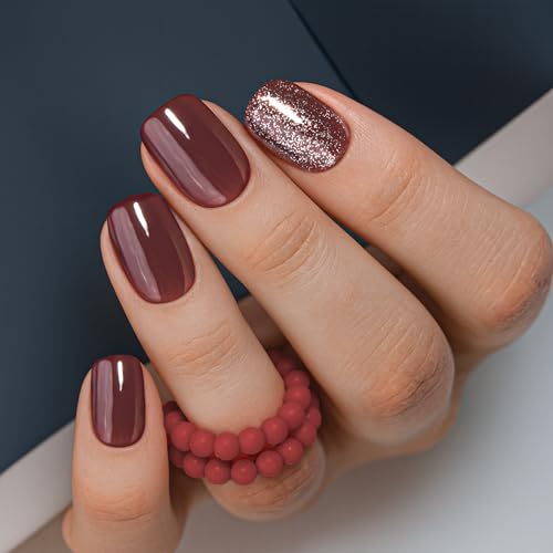 Curvlife 30pcs Press on Nails, Short Square Acrylic Fake Nails with Wine Red Glitte Apricot Design Full Cover False Glossy Nude Artificial for Women