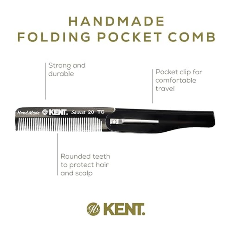 Kent 20T Black Graphite Handmade Folding Pocket Comb for Men, Fine Tooth Hair Comb Straightener for Everyday Grooming Styling Hair, Beard or Mustache, Use Dry or with Balms, Saw Cut, Made in England
