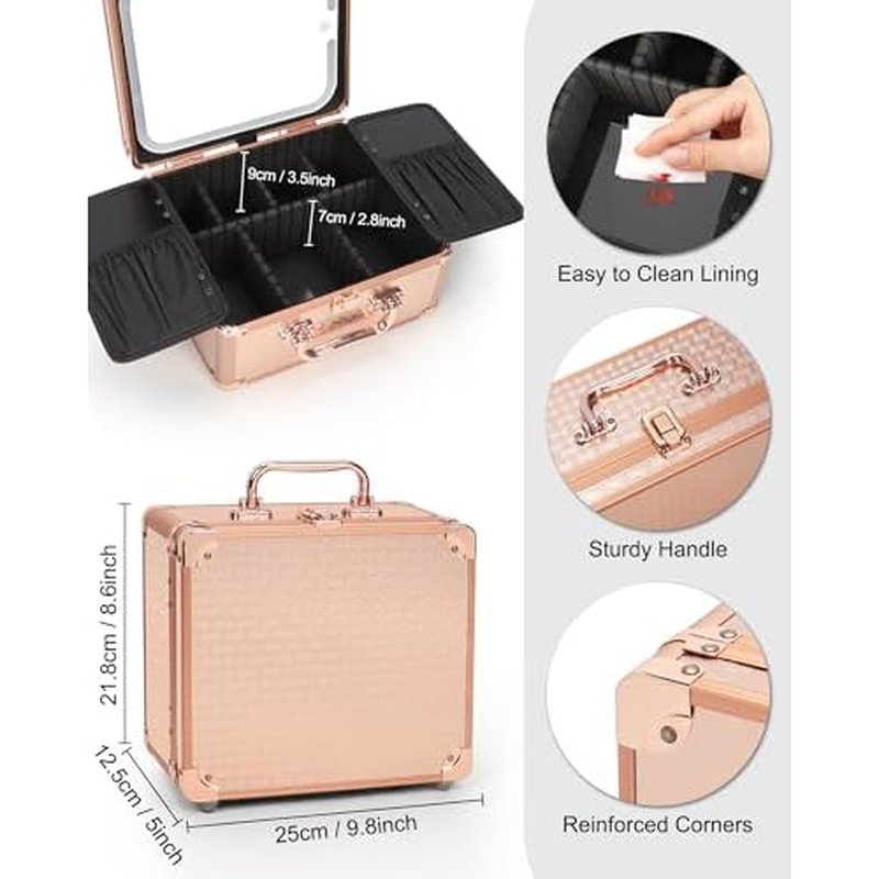 Relavel Makeup Bag with LED Mirror, Makeup Box Travel Train Case with Rechargeable Lighted Mirror, Cosmetic Brush Organizer Storage for Makeup Artists Gifts for Women and Girls, Rose Gold