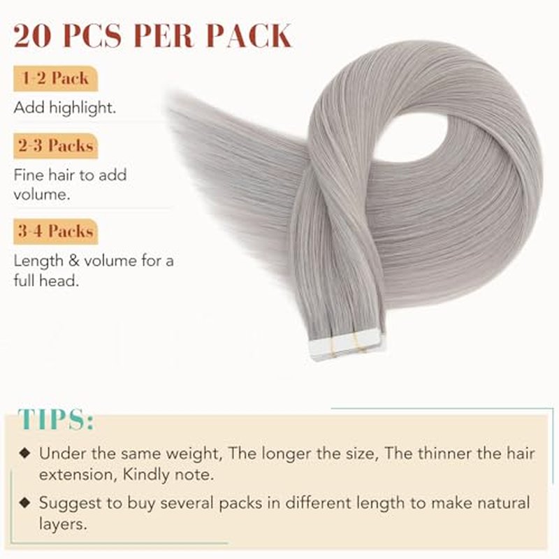 Hairro Tape In Human Hair Extensions For Women 20 inch 50g 20pcs #SILVER