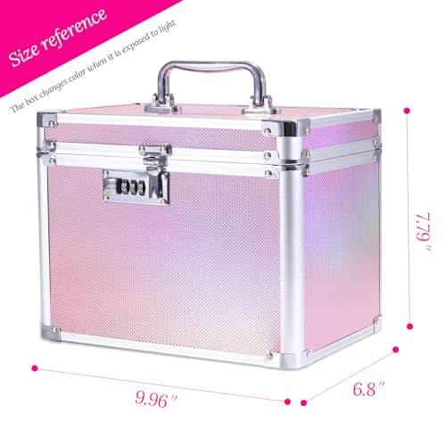 Girls Makeup Box Organizer Storage with Combination Lock, Pink Locking Makeup Cosmetic Train Case for Women, 9.96" x 6.8" x 7.79" Travel Make up Box Aurora