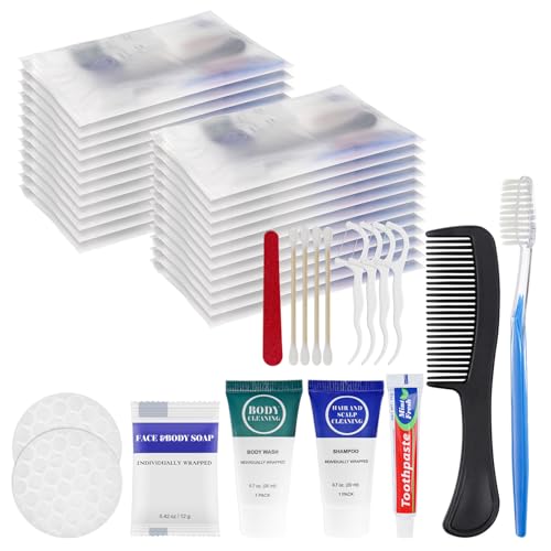 Toiletry Kits Travel Essentials Disposable Hygiene in Bulk, Trial Size Toiletries Supplies Individually Wrapped Traveling Personal Care Items, for Camping, Hotel, Homeless, Charity, 8-in-1 (40-Pack)