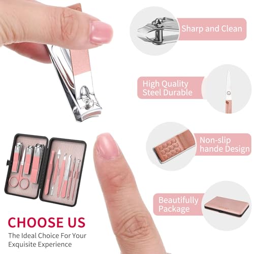 ZIZZON Travel Mini Manicure Set Nail Clipper Set 10 in 1 Stainless Steel Pedicure Care Grooming kit with Case Pink