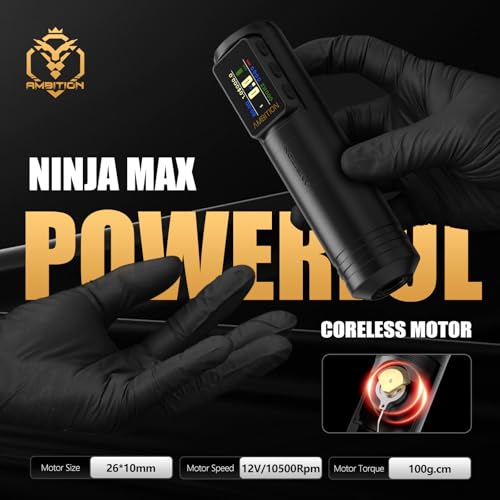 Ambition Ninja Max V2 Tattoo Gun Wireless Tattoo Machine with Extra 1700mAh Power Supply Coreless Motor Digital LCD Display Rotary Cartridge Battery Pen for Professionals Tattoo Artists