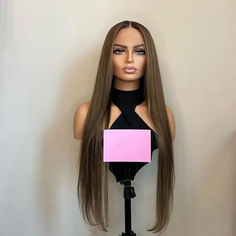 20'' Chocolate Brown Silky Straight Lace Front Wig with Dark Roots Glueless Pre plucked Bleached Knots Ombre Lace Front Wigs Human Hair Auburn Transparent HD Lace Wigs with Baby Hair for Black Women