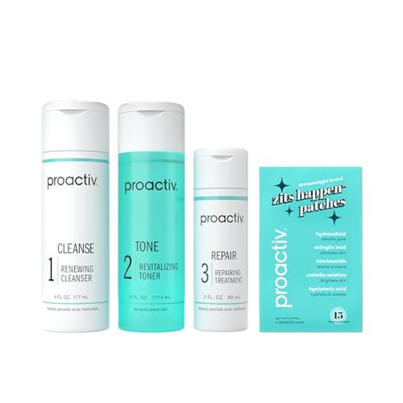 Proactiv 3 Step Acne Treatment w/ Pimple Patches - Benzoyl Peroxide Face Wash, Repairing Acne Spot Treatment for Face and Body, Exfoliating Toner - 90 Day Complete Acne Skin Care Kit + Pimple Patches