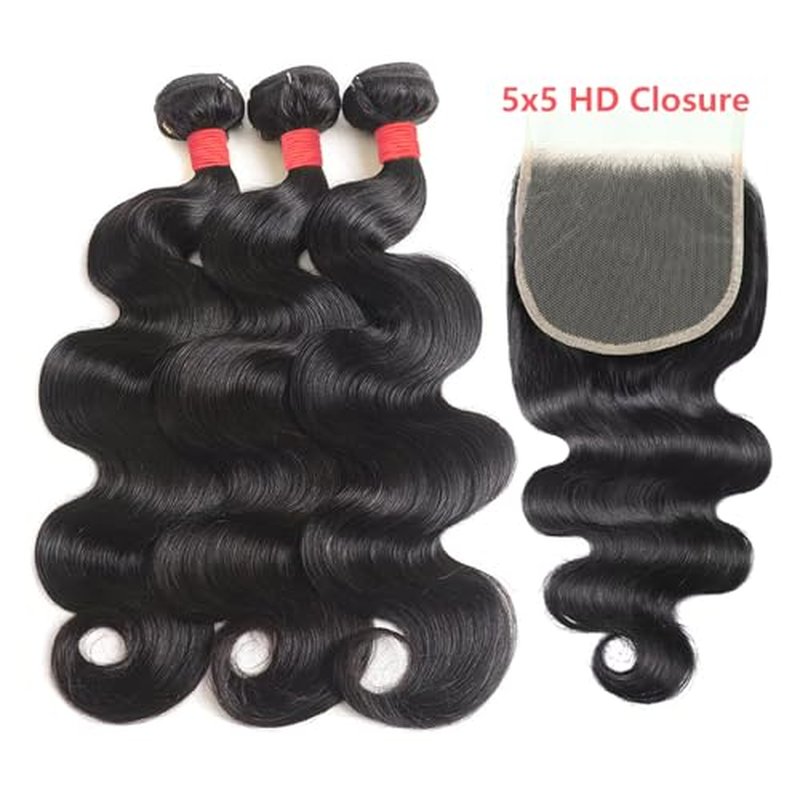 Bundles with Closure Human Hair (18 20 22+16) Body Wave 3 Bundles with 5x5 HD Closure 100% Human Hair 12A Unprocessed Virgin Hair Natural Black