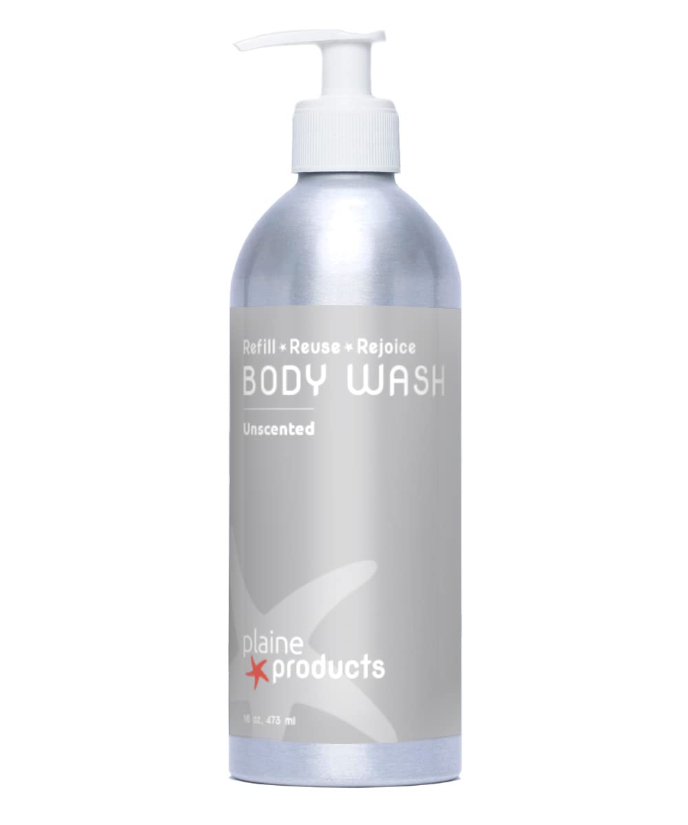 Plaine Products Eco-Friendly Body Wash - Unscented - Sulfate/Paraben/Phthalate Free, 16 oz (Refillable Aluminum Bottle with Pump)