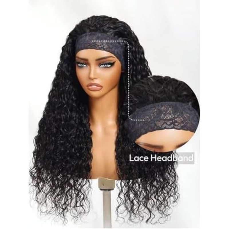 UNICE HookFit Water Wave Headband Wig Human Hair with Drawstring No-Slip Glueless Headband Half Human Hair Wig 150% Density Natural Black 16 inch