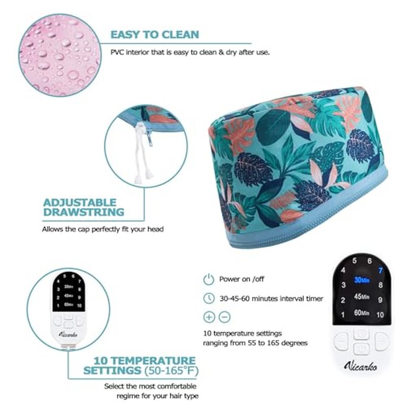 VICARKO Hair Steamer for Deep Conditioning, 10-Level Heats Up Quickly, 118¡± Power Cord, Heating Cap Hot Oil Treatment Heat, Electric Thermal Heated Steam Natural Black Hair, Hawaii Blue