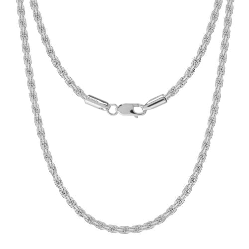 LeCalla Solid 925 Sterling Silver, 18K Gold Plated & Rhodium Plated 3 MM Diamond-Cut Braided Rope Chain Necklace for Men Women (18, 20, 22, 24, 26 Inches), Made in Italy
