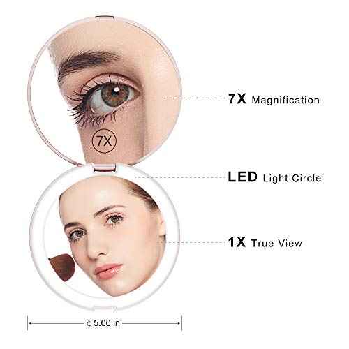 Benbilry LED Lighted Compact Travel Makeup Mirror with Lights, 1x/7x Magnification, 5 Inch Dual Sided Portable Illuminated ? Perfect for Handbag