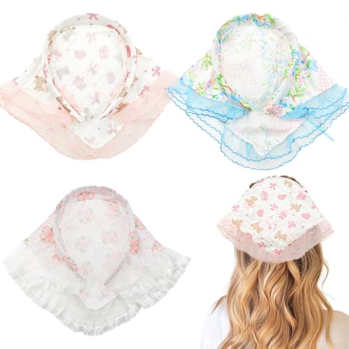 3 Pack Floral Lace Headband for Women, Non-Slip Hair Soft Head Coverings Boho Triangle Bandana Turban for Hair Styling