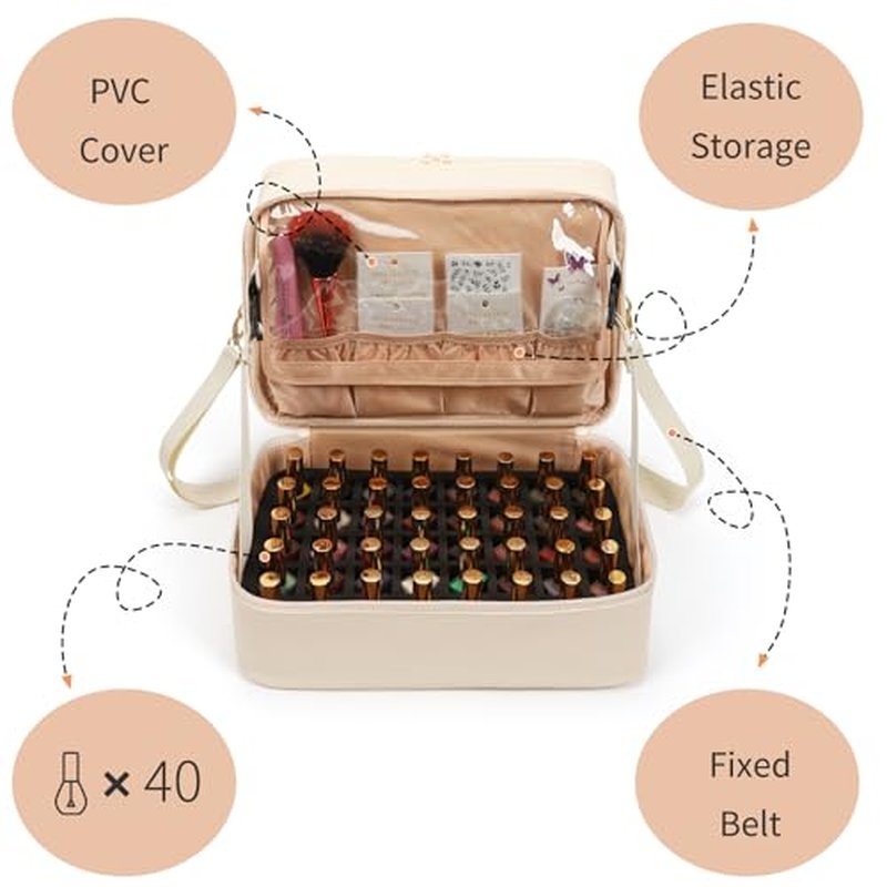 Ethereal Nail Polish Organizer Case, Leather Nail Polish Bag Holds 50+ Bottles (5ml/0.5fl.oz) and Nail Lamp, Nail Storage Organizer with Compartment, Leather White