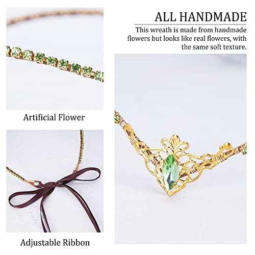 MOSTORY Handmade Princess Crystal Tiara for Wedding V-shape Renaissance Elf Crown Headband Golden Green Fairy Headpiece for Women Goddess Cosplay Costume Hair Accessory Maternity Shoot Birthday