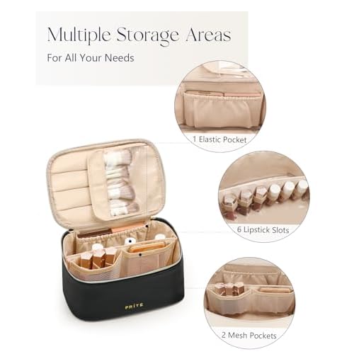 Prite Makeup Bag Portable Cosmetic Organizer with Brush Holder Waterproof Travel Toiletry Bag for Women with Handle and Divider (Black)