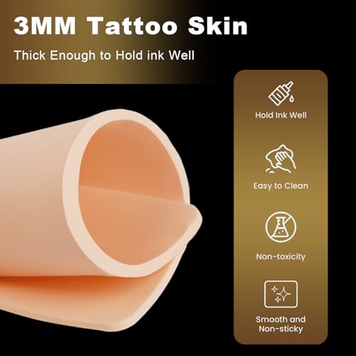 Premium Fake Skin Tattoo 3MM - Jconly 6Pcs Thick Tattoo Fake Skin Double Sides Tattoo Skin Practice, 8¡¿6 in Soft Silicone Tattoo Fake Skin for Beginners and Tattoo Artists, Quality Tattoo Skin