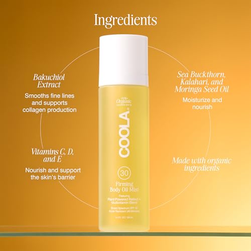 COOLA Firming Body Oil Mist SPF 30, Organic Lightweight Hydrating Sunscreen Mist with Bakuchiol, Vitamins C, D, E, Sea Buckthorn & Moringa Oils, Firms & Smooths Skin, 3.4 Oz