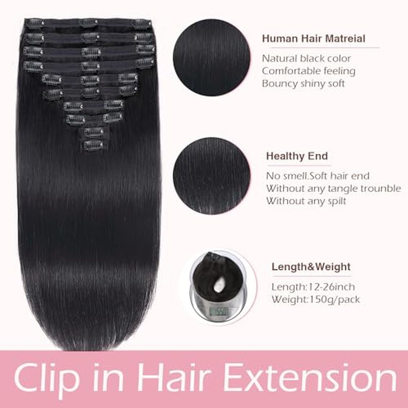 Clip in Hair Extensions for Black Women Seamless Clip in Hair Extensions 100% Unprocessed Full Head Brazilian Virgin Straight Human Hair Natural Black Color,10/Pcs with 24Clips,150 Gram (22inch)