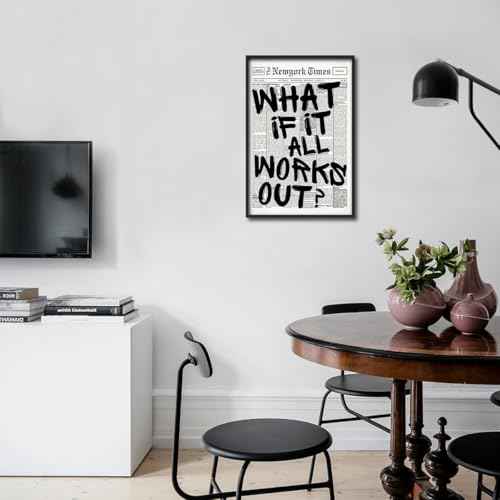 Trendy Luxury Black and White Framed Wall Art-What If It All Works Out Poster For Preppy Girly Dorm Decor-Funky Fashion Newspaper Pictures Canvas Prints Ready to Hang Room