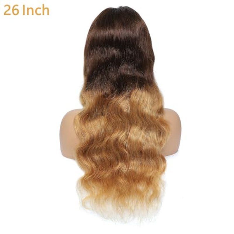SUPER STYLE 28 Inch Ombre 4/27 Honey Blonde Body Wave 13x4 Lace Frontal Wig Human Hair Wigs Pre Plucked with Baby Hair for Women
