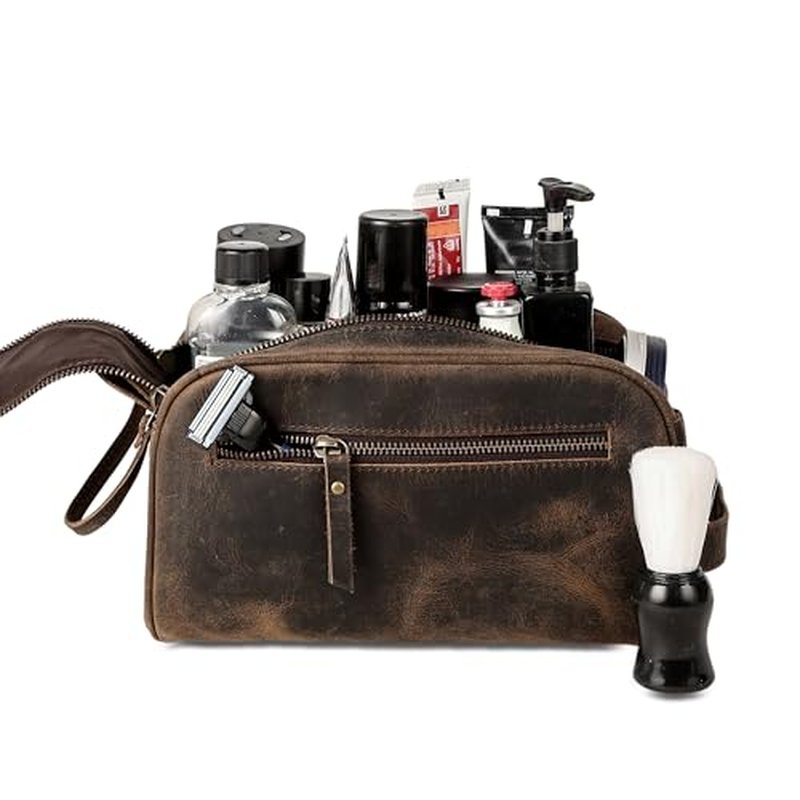 KomalC Leather Toiletry Bag For Men & Women, Handcrafted Buffalo Leather Travel Kit, Water-Resistant Shaving Bag For Men Travel, Premium Rustic Toiletry Pouch with Zipper Closure