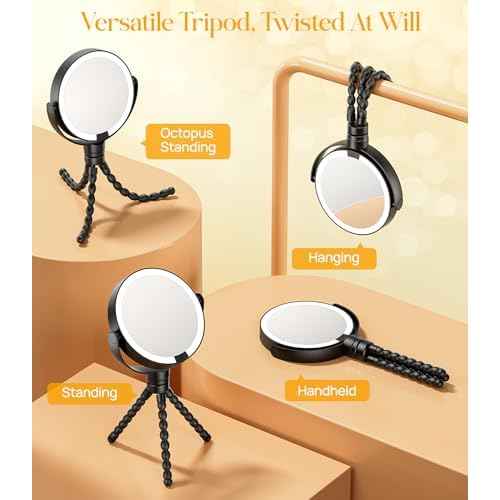 Gospire 5.85¡± Tripod Travel Makeup Mirror with Lights and Magnification 1X/10X, 4 in 1 Winding Hanging Handheld Tabletop, 3 Light Colors and Adjustable Brightness ? Black