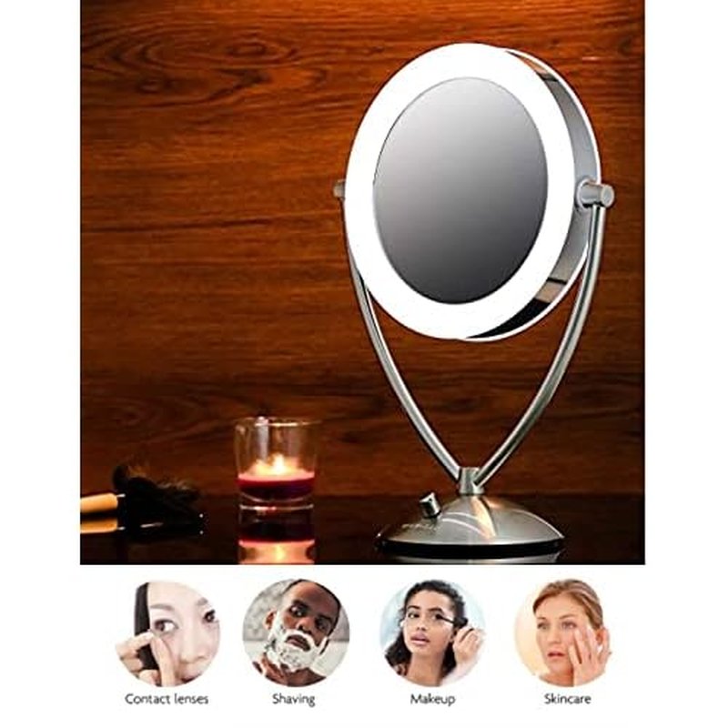 Ovente Lighted Tabletop Makeup Mirror 9.5 Inch LED Dimmable 1X 5X Magnifier 360 Adjustable Double Sided Battery USB Operated Bedroom Lamp Vanity Cosmetic Professional Large Nickel Brushed MLT45BR1X5X