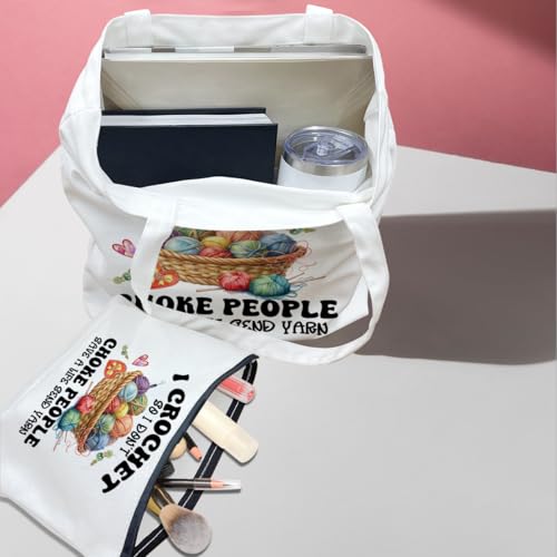 Crochet Knitting Supplies Canvas Tote Bag Makeup Bag Set, Crochet Accessories Gifts for Women Grocery Cosmetic Bags